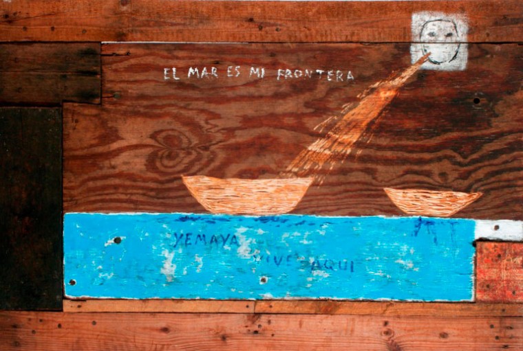 El mar es mi frontera de la serie Un lugar en elmundo, 2009. Mixta sobre madera. 80 x 120 cm